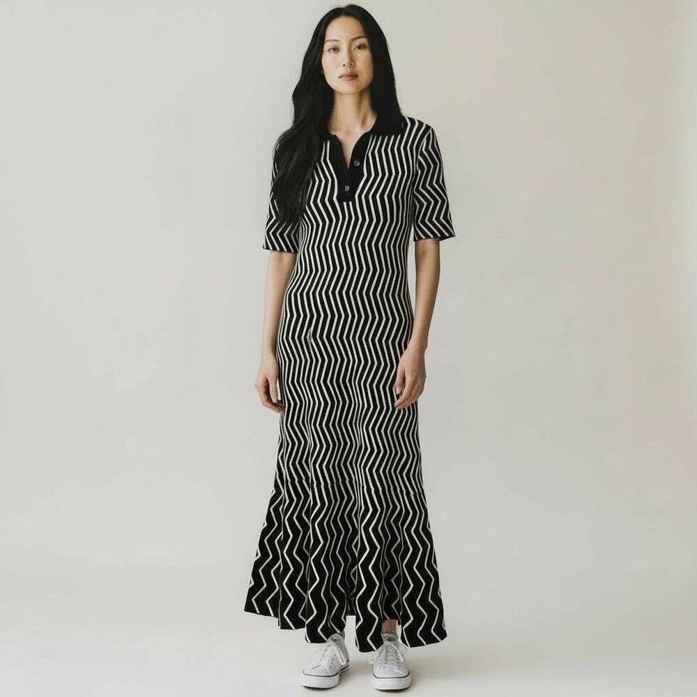 NWOT RIVIR Black & Ivory Optical Knit Polo Maxi Dress – Size M